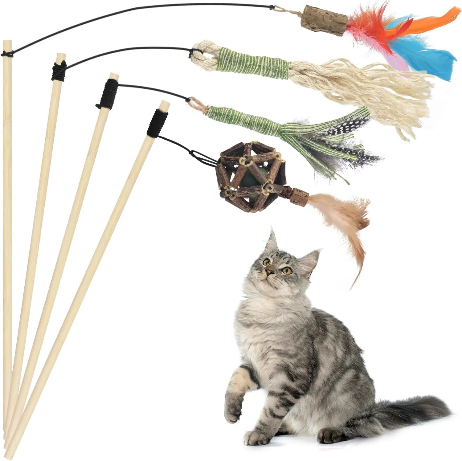 TINDTOP Interactive Cat Toys, 4 Pack Cat Wand Toys with Sisal Chew Sticks, Natural Feather and Silvervine Sticks Catnip Ball, for Indoor Cats to Chase and Exercise