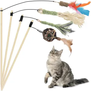 TINDTOP Interactive Cat Toys, 4 Pack Cat Wand Toys with Sisal Chew Sticks, Natural Feather and Silvervine Sticks Catnip Ball, for Indoor Cats to Chase and Exercise