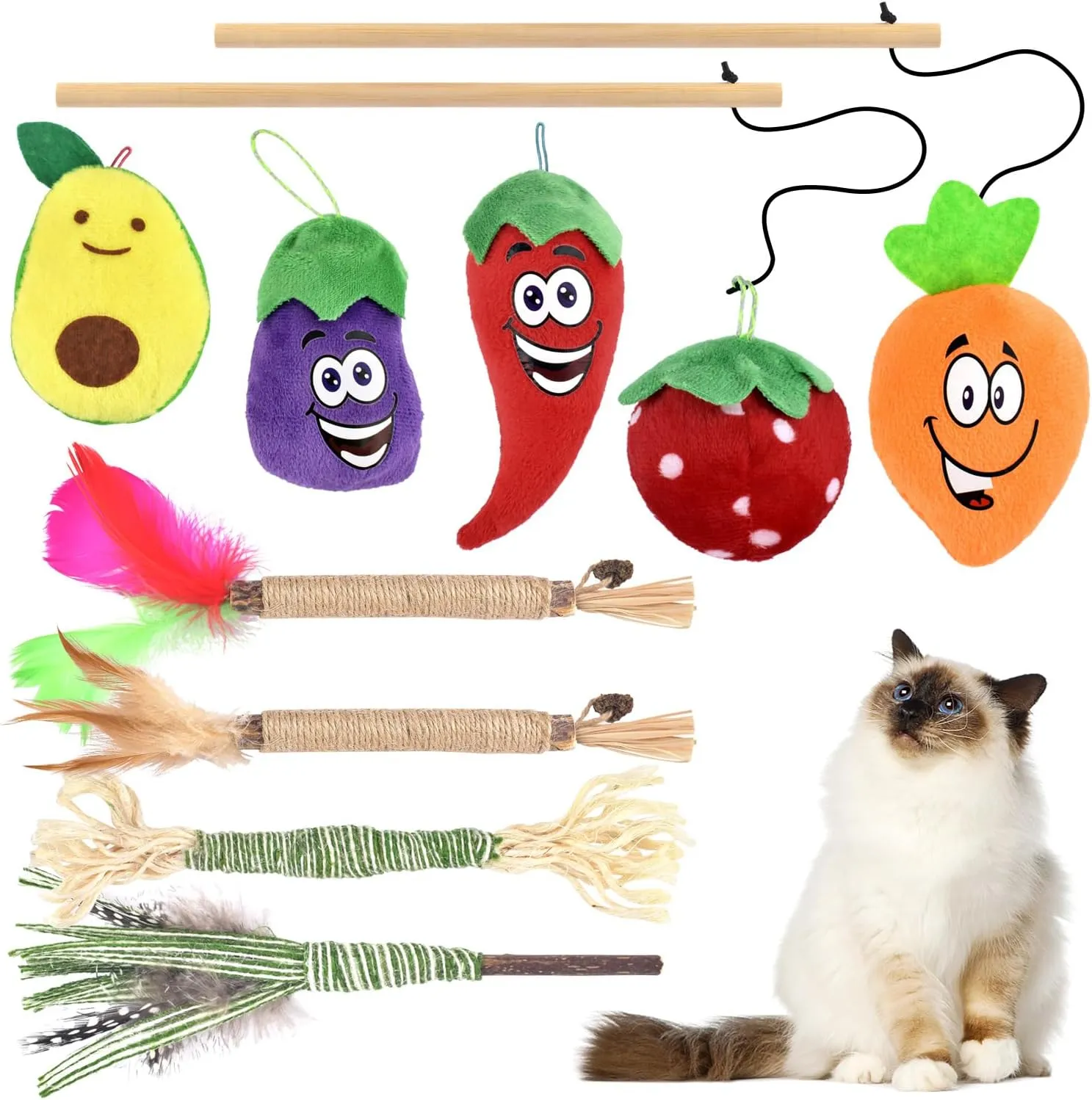 TINDTOP Silvervine Chew Sticks and Feather Toys, Interactive Cat Wand Toy with Catnip Refills Cute Muppet for Kitten Kitty