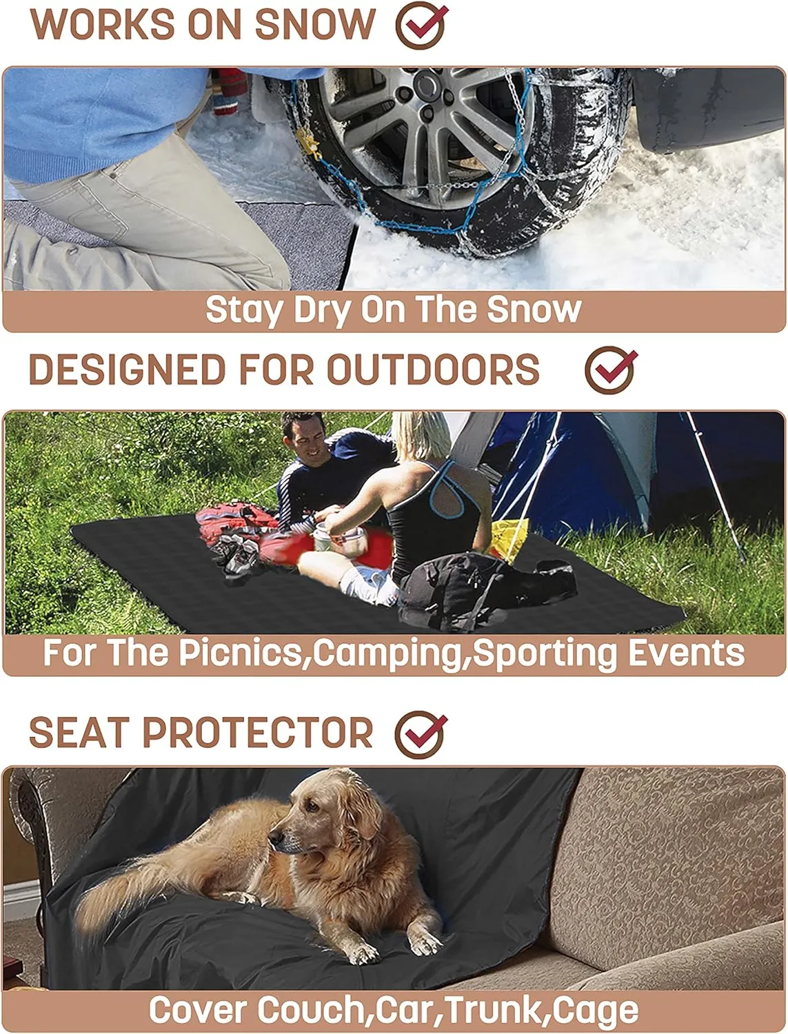 Tirrinia Waterproof Outdoor Blanket with Sherpa Lining, Windproof Triple Layers Warm Comfy Foldable for Camping Stadium, Beach, Picnic, Grass, Concerts, Car, Dog, 51''X 59'' & 59''X 80''
