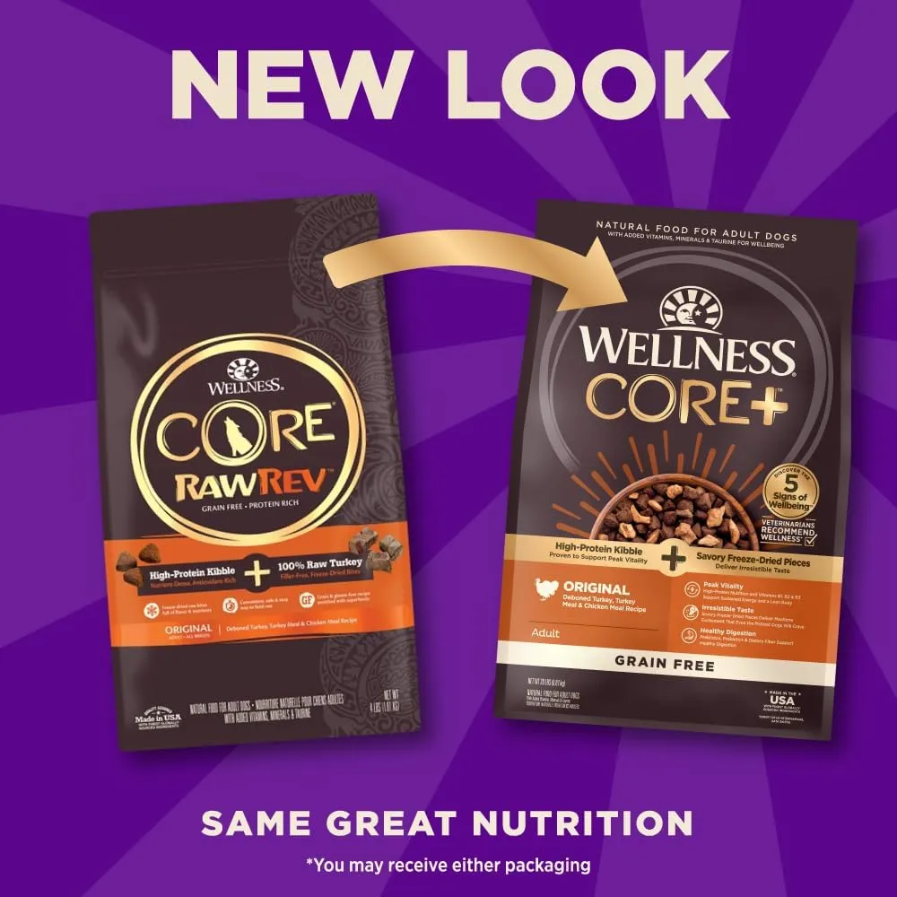 Wellness CORE  (Formerly RawRev) Dry Dog Food with Freeze Dried Pieces, Grain Free, High Protein, Natural, Original Turkey & Chicken Recipe, (20-Pound Bag)