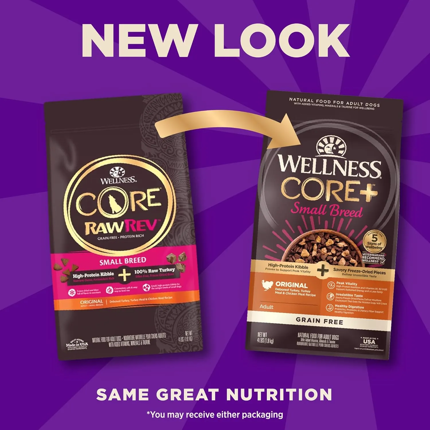 Wellness CORE  (Formerly RawRev) Dry Dog Food with Freeze Dried Pieces, Small Breed, Grain Free, High Protein, Natural, Original Turkey & Chicken Recipe, (4-Pound Bag)