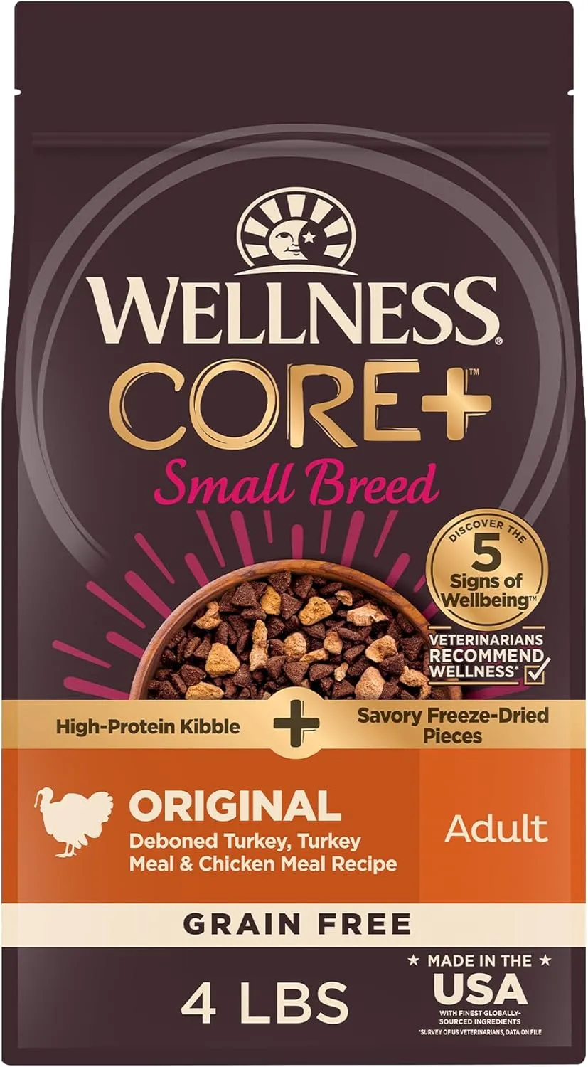 Wellness CORE  (Formerly RawRev) Dry Dog Food with Freeze Dried Pieces, Small Breed, Grain Free, High Protein, Natural, Original Turkey & Chicken Recipe, (4-Pound Bag)