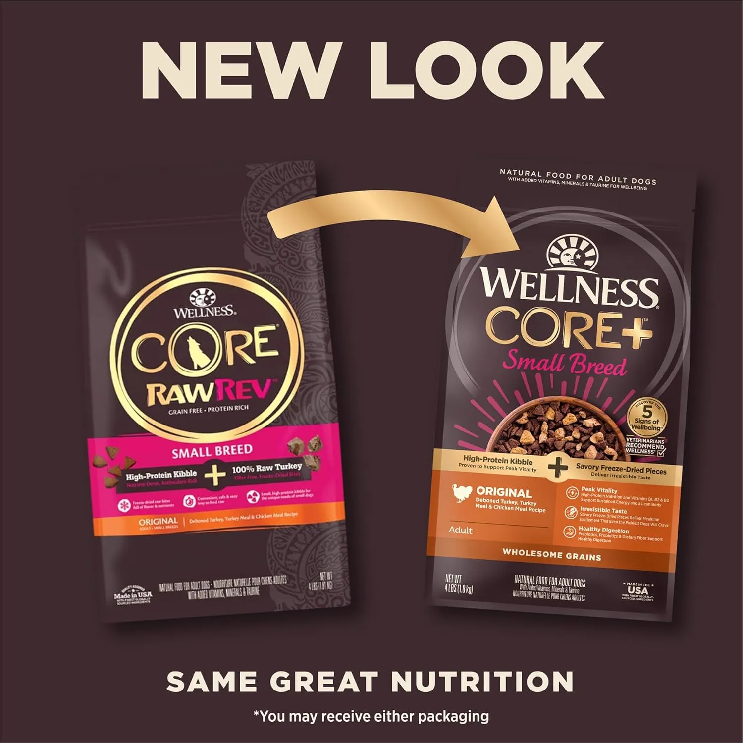 Wellness CORE  (Formerly RawRev) Dry Dog Food with Freeze Dried Pieces, Small Breed, Wholesome Grains, High Protein, Natural, Original Turkey & Chicken Recipe, (4-Pound Bag)
