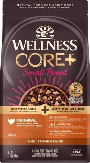 Wellness CORE  (Formerly RawRev) Dry Dog Food with Freeze Dried Pieces, Small Breed, Wholesome Grains, High Protein, Natural, Original Turkey & Chicken Recipe, (4-Pound Bag)