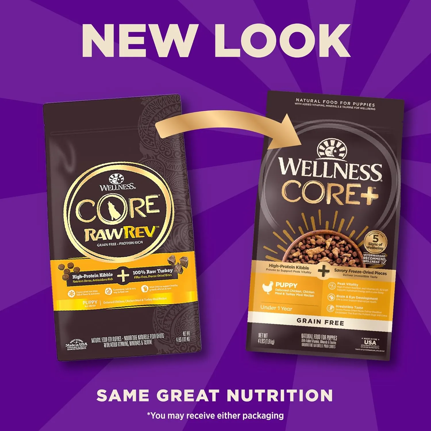 Wellness CORE  (Formerly RawRev) Puppy Dry Dog Food with Freeze Dried Pieces, Grain Free, High Protein, Natural, Chicken & Turkey Recipe, (4-Pound Bag)