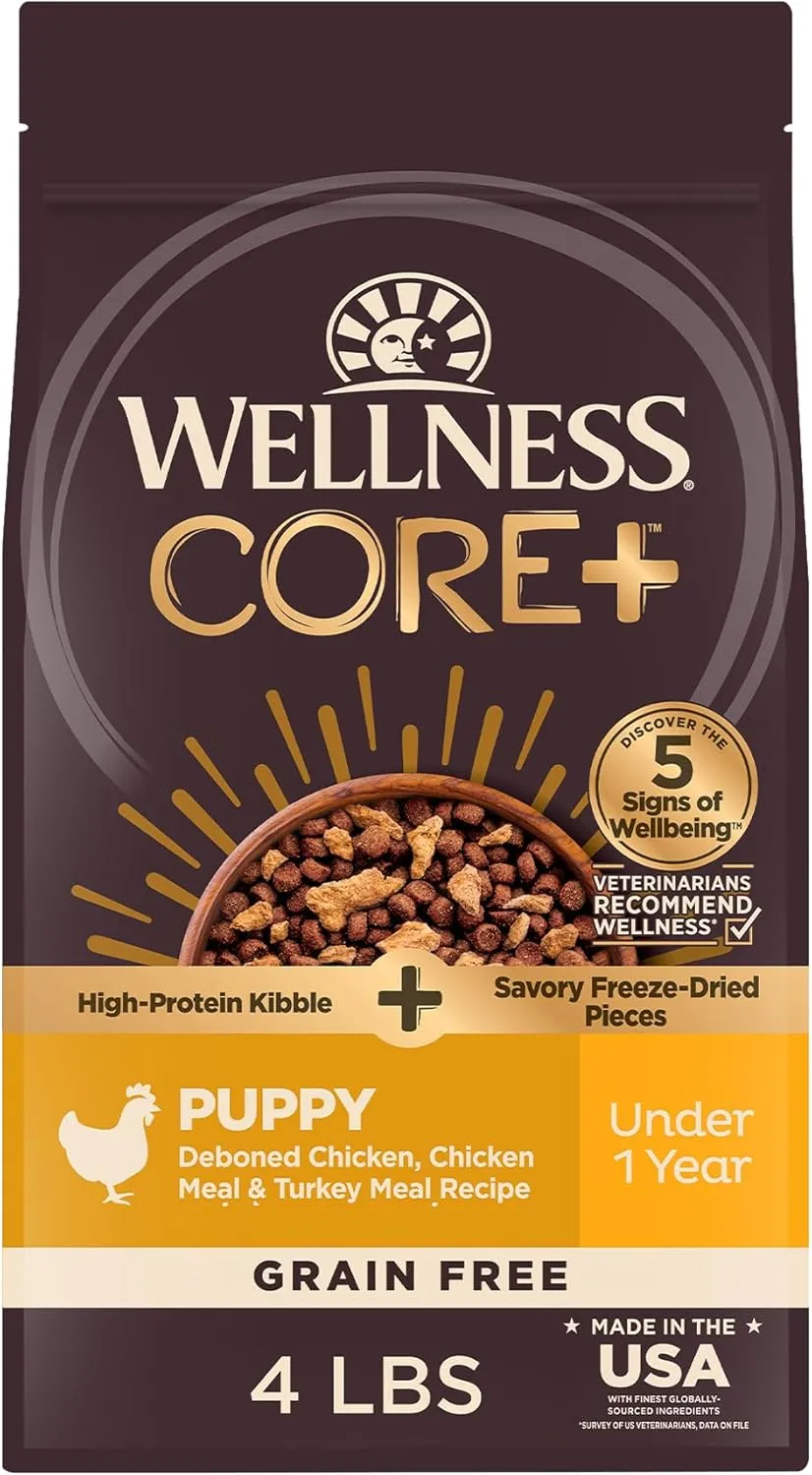 Wellness CORE  (Formerly RawRev) Puppy Dry Dog Food with Freeze Dried Pieces, Grain Free, High Protein, Natural, Chicken & Turkey Recipe, (4-Pound Bag)