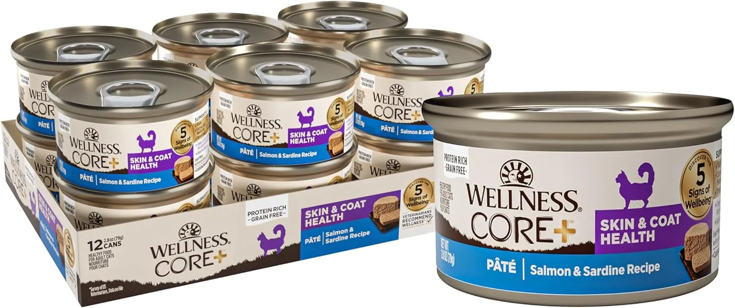Wellness CORE  Skin & Coat Pate Adult Wet Cat Food, Natural, Protein-Rich, Grain Free, 2.8 Ounce, 12 Pack (Salmon & Sardine)
