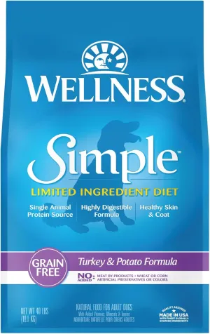Wellness Simple Limited Ingredient Dry Dog Food for Sensitive Stomachs, Supports Skin & Coat, Grain Free, Natural, Turkey & Potatoe Recipe, (40-Pound Bag)