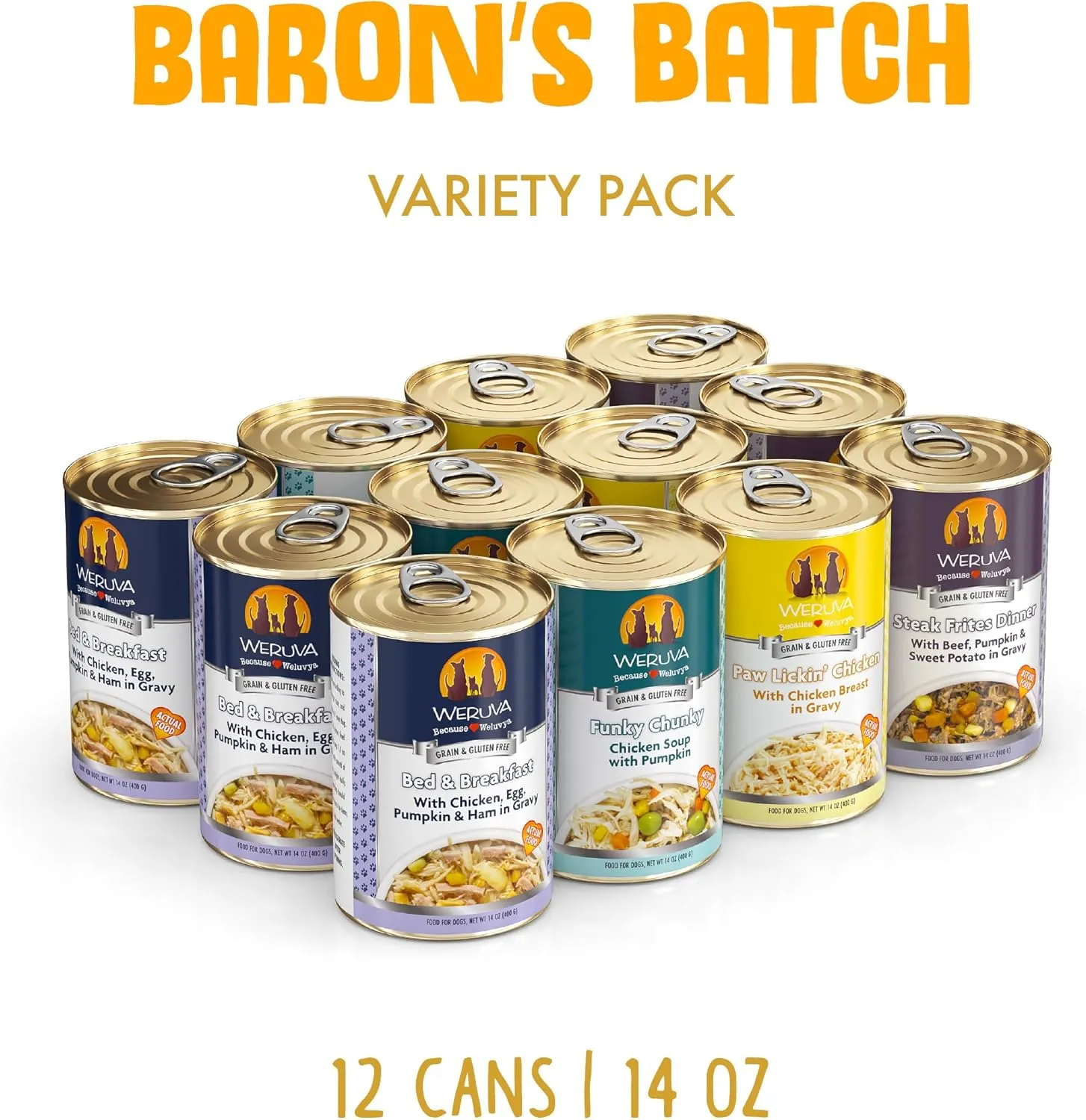 Weruva Classic Dog Food, Variety Pack, Baron's Batch, Wet Dog Food, 14oz Cans (Pack of 12), Multi