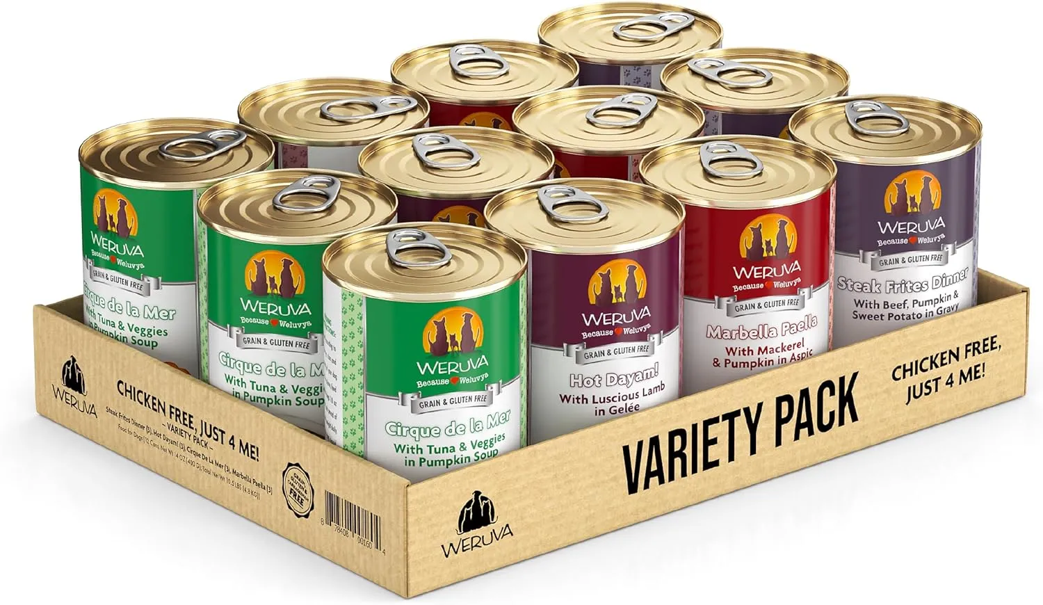 Weruva Classic Dog Food, Variety Pack, Chicken Free, Just 4 Me, Wet Dog Food, 14oz Cans (Pack of 12)