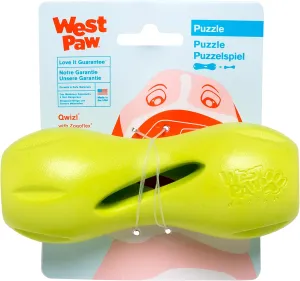 West Paw Zogoflex Qwizl Dog Puzzle Treat Toy  Interactive Chew Toy for Dogs  Dispenses Pet Treats  Brightly-Colored Dog Enrichment Toy for Aggressive Chewers, Fetch, Catch, Small 5.5", Granny Smith