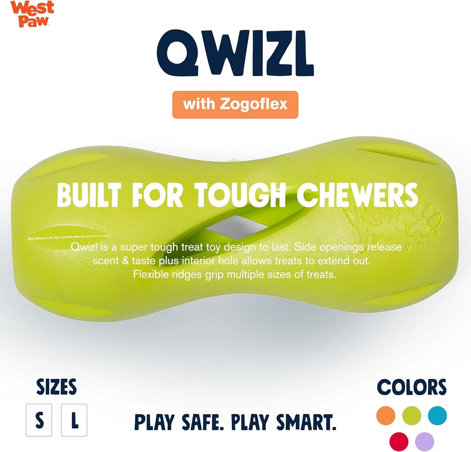 West Paw Zogoflex Qwizl Dog Puzzle Treat Toy  Interactive Chew Toy for Dogs  Dispenses Pet Treats  Brightly-Colored Dog Enrichment Toy for Aggressive Chewers, Fetch, Catch, Small 5.5", Granny Smith