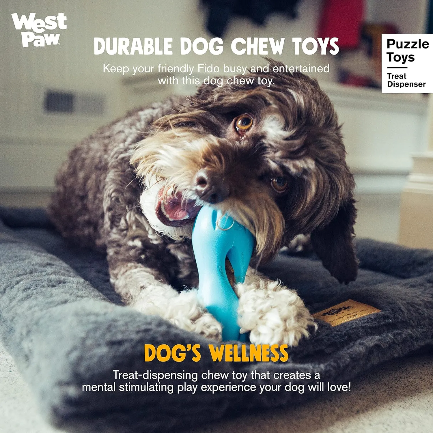 West Paw Zogoflex Qwizl Dog Puzzle Treat Toy  Interactive Chew Toy for Dogs  Dispenses Pet Treats  Brightly-Colored Dog Enrichment Toy for Aggressive Chewers, Fetch, Catch, Small 5.5", Granny Smith
