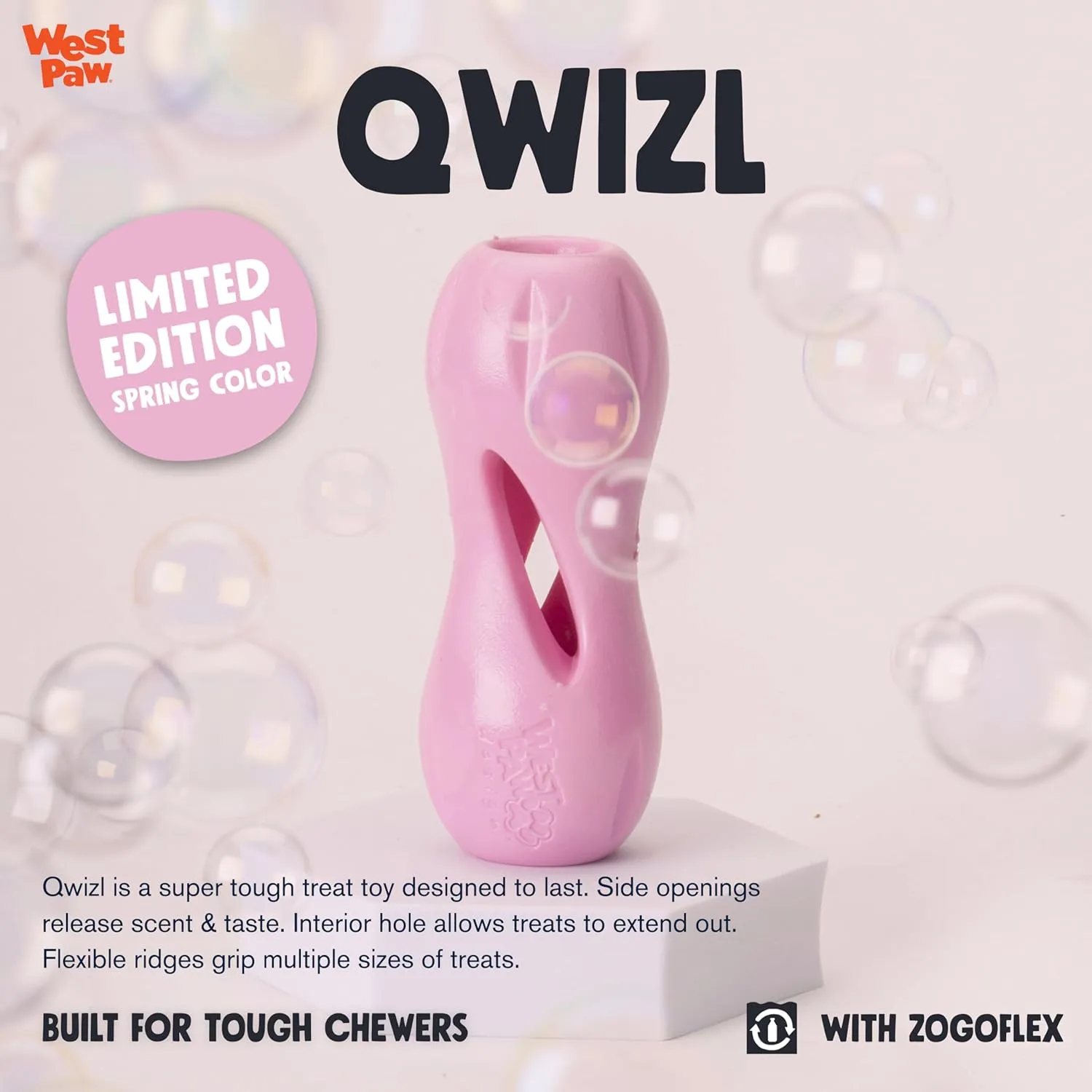 WEST PAW Zogoflex Qwizl Dog Puzzle Treat Toy  Interactive Chewing for Dogs  Dispenses Pet Treats  Brightly-Colored Dog Enrichment Toy for Aggressive Chewers, Fetch, Catch, Small 5.5", Bubblegum