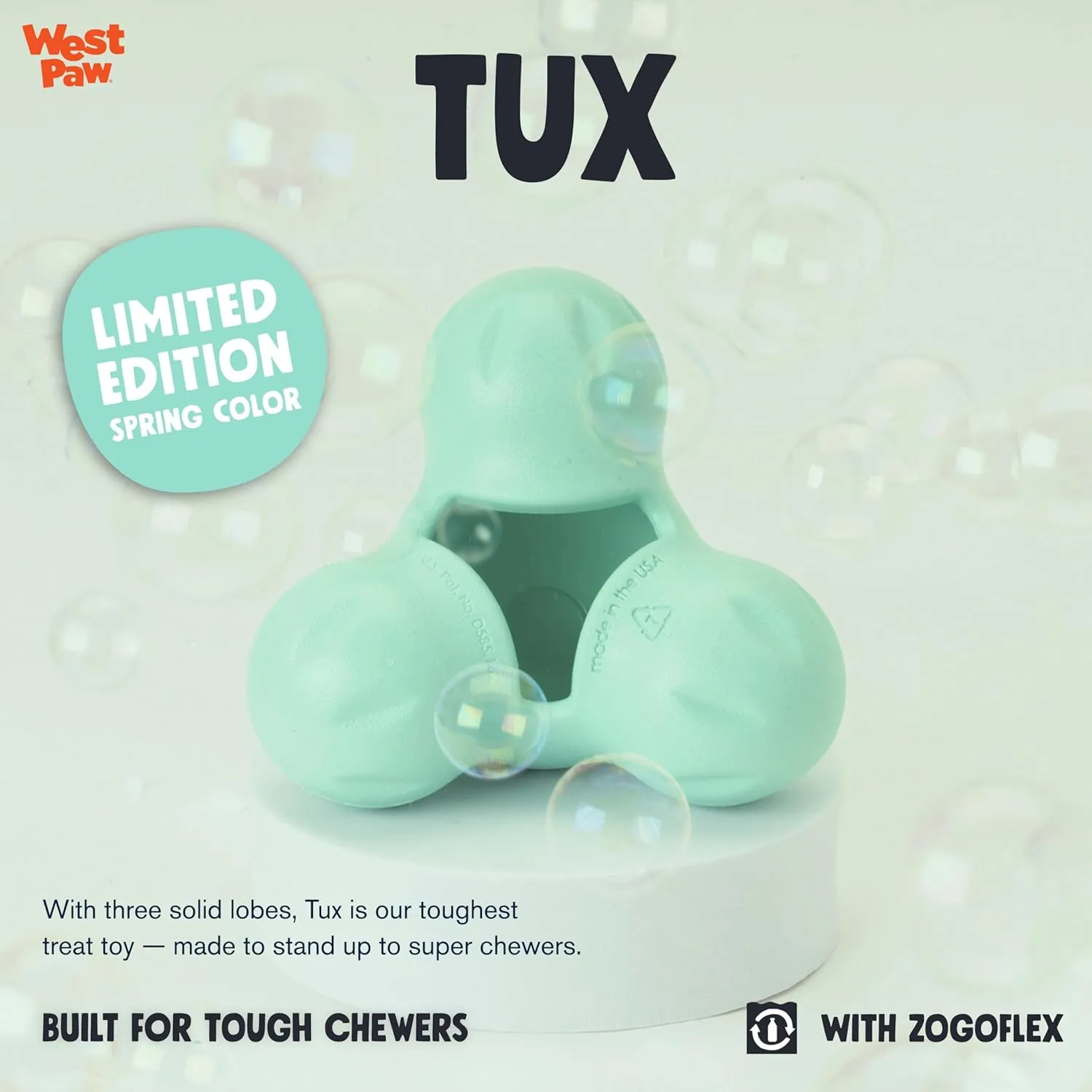 WEST PAW Zogoflex Tux Treat Dispensing Dog Chew Toy  Interactive Chewing Toy for Dogs  Dog Games for Aggressive Chewers, Fetch, Catch  Holds Kibble, Treats, Small 4", Mint