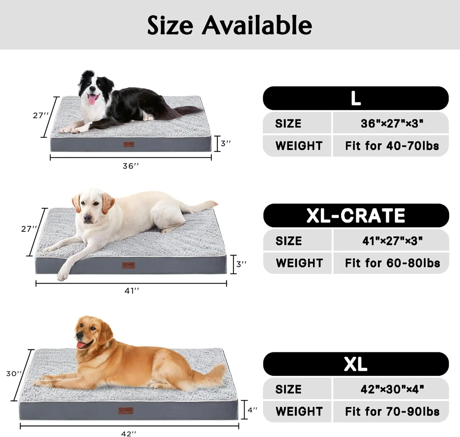 WESTERN HOME Large Dog Bed XL Waterproof Dog Beds Large Sized Dog with Removable Washable Cover, Egg Crate Foam Orthopedic Dog Bed for Crate Non-Slip Bottom Pet Mat, 42 x 30 Inch, Grey