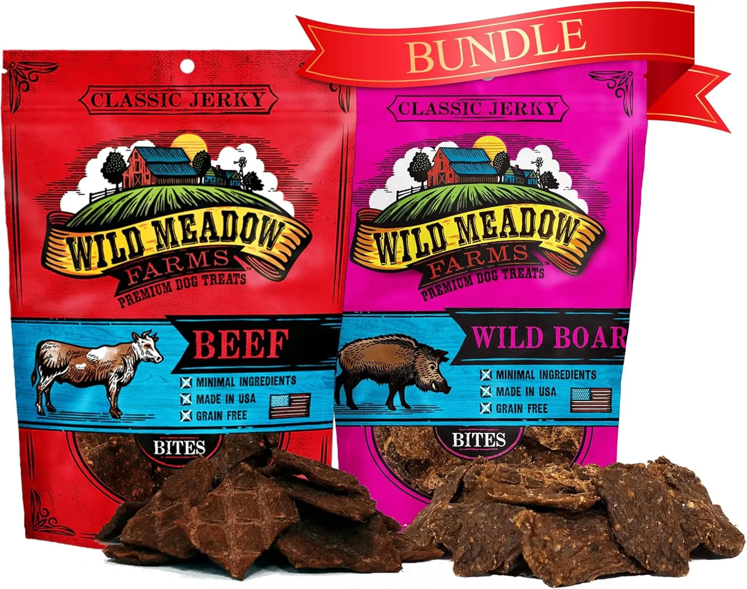Wild Meadow Farms - Classic Beef & Wild Boar Bites, Soft Jerky Treats for Dogs, Grain-Free for Training, Portioning, High-Value Rewards, Suitable for All Breeds & Ages - 3.5 Ounce Pouch